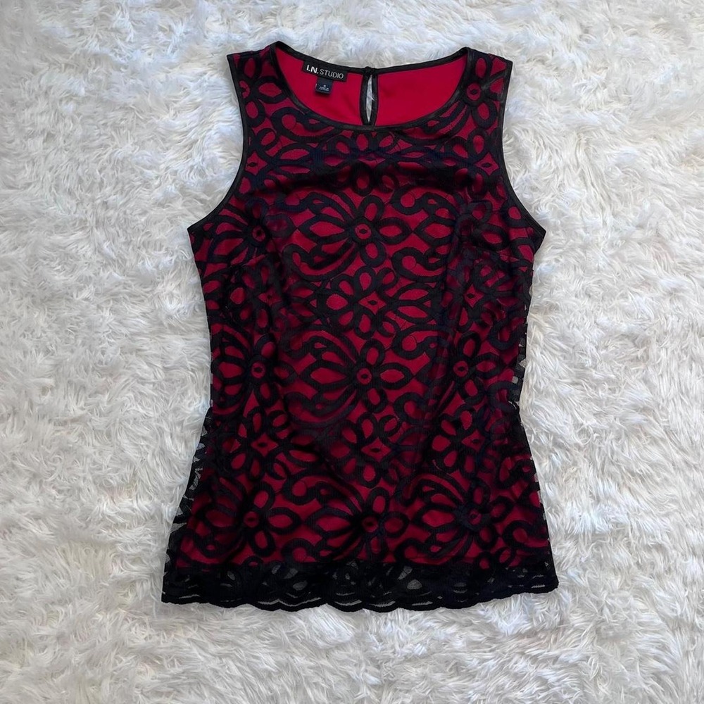 Y2K Black & Red Mesh Layered Floral Tank Small